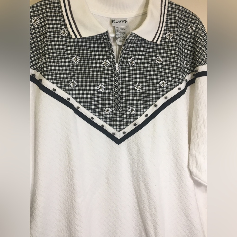 Vintage 80s Quilted Zip-Up Polo Size L Large Daisy  Embellishments Koret